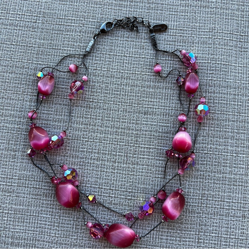 Vintage Dabby Reid Pink Cat's Eye Crystal Beaded Black Tone 3 Strand Necklace